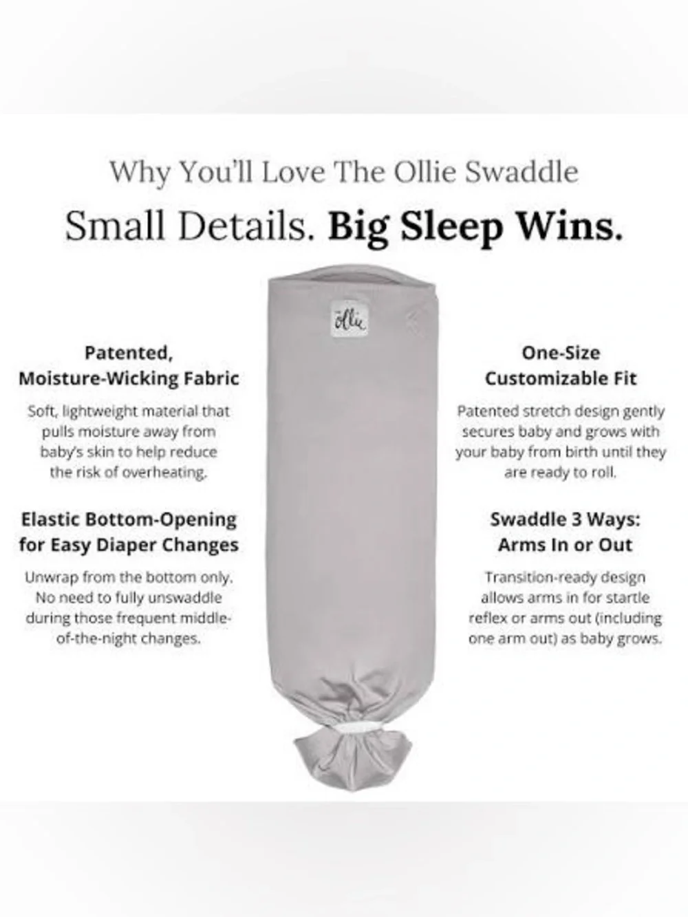 Ollie Swaddle Grey Adjustable Velcro Lightweight Easy Closure Unisex Gray Infant
